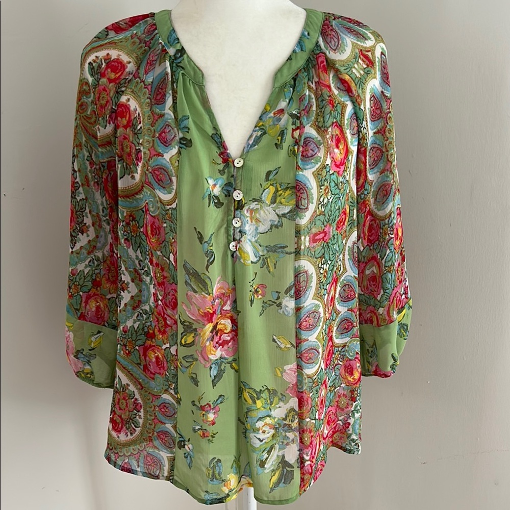 Figuero & Flowers Green/Pink Chiffon Paisley Print Peasant Blouse sz S/M